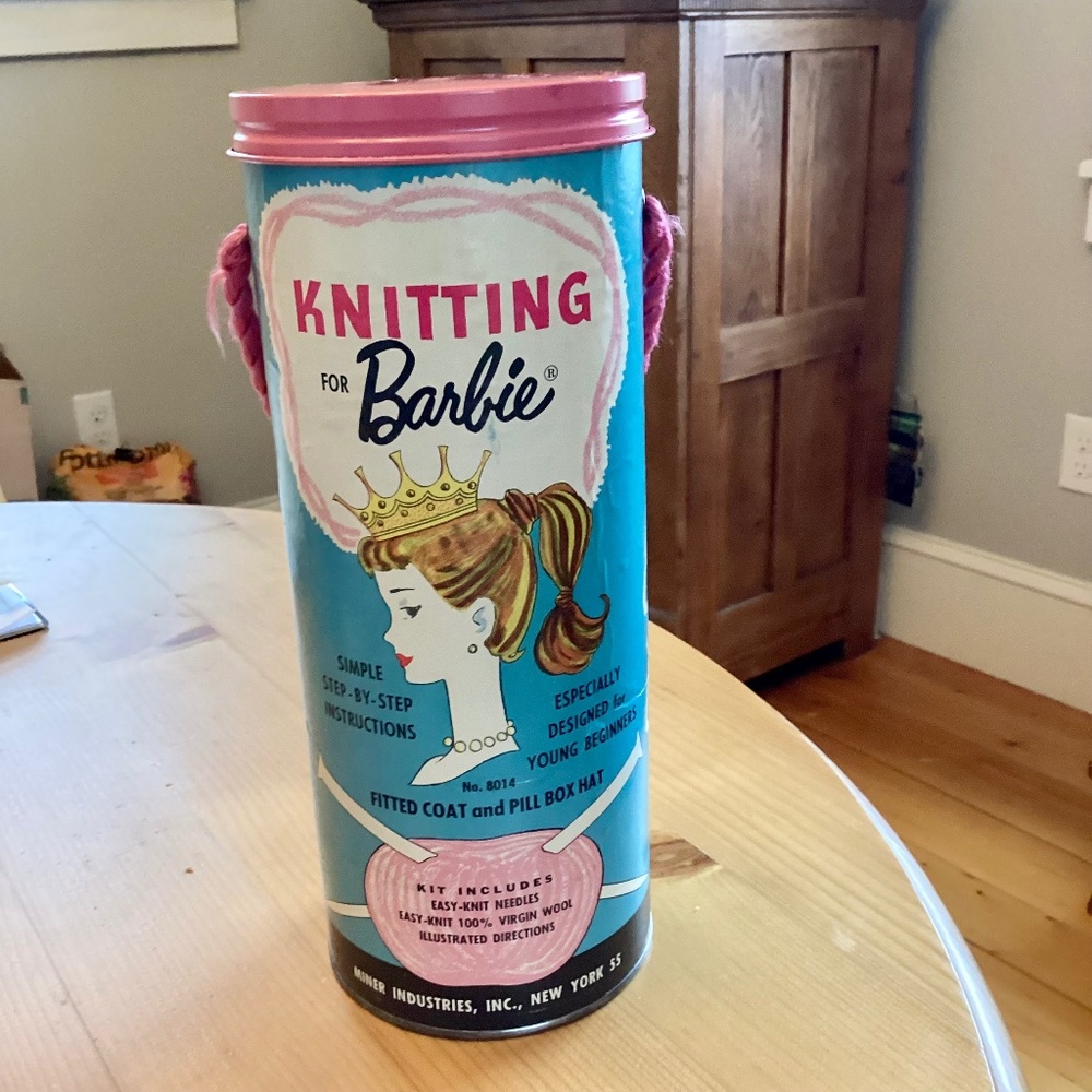 Vintage 1962 original Mattel Barbie Knitting Canister directions yarn, buttons